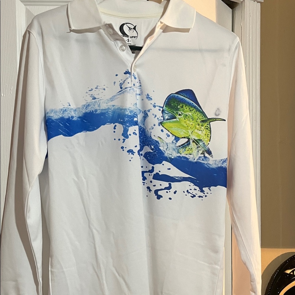 White Long Sleeve Dress Shirt with Blue and Green Graphic